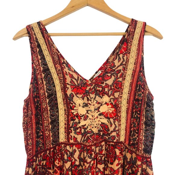 En Creme Mini Sundress Cover Up Sz Medium Embroidered Boho Rayon Red Orange - Picture 4 of 7